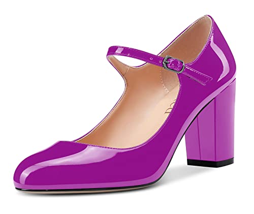 Saekcted Damen Pumps mit klobigem Mary Jane Absatz High Heels Runde Zehe Pumps Hochzeitsschuhe 8CM Absatz Violett Lackleder 38 EU von Saekcted