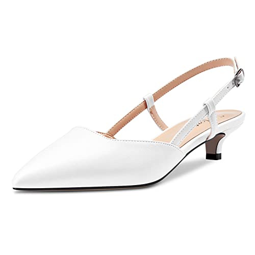 Saekcted Damen Spitze Zehenkappe Kitten Niedrige Absatz Heel Slingback Pumps Slip-on Cute Dress Sandalen 3.5 CM Heels Weiß Matt 44 EU von Saekcted