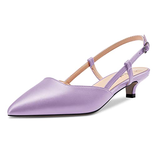 Saekcted Damen Spitze Zehenkappe Kitten Niedrige Absatz Heel Slingback Pumps Slip-on Cute Dress Sandalen 3.5 CM Heels Violett Matt 40 EU von Saekcted