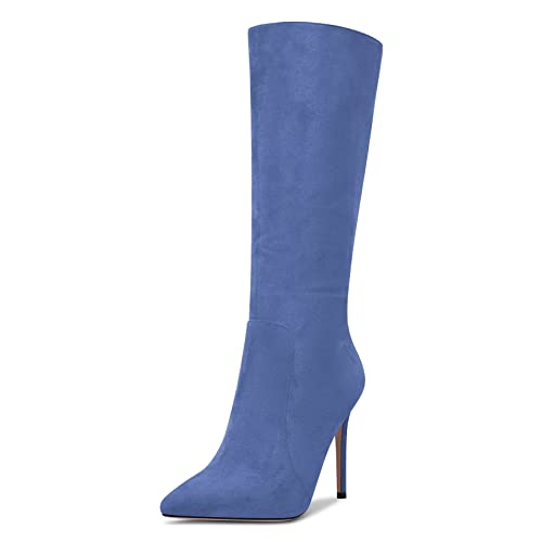 Saekcted Damen Stiletto Hoher High Absatz Heel Geschlossene Spitze Zehenkappe Mid Calf Reißverschluss Büroschuhe Clear Klassisch Stiefel 10 CM Heels Blau 37 EU von Saekcted