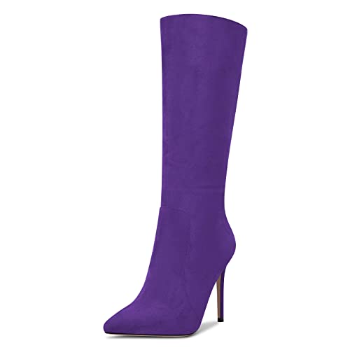 Saekcted Damen Stiletto Hoher High Absatz Heel Geschlossene Spitze Zehenkappe Mid Calf Reißverschluss Büroschuhe Clear Klassisch Stiefel 10 CM Heels Violett 41 EU von Saekcted