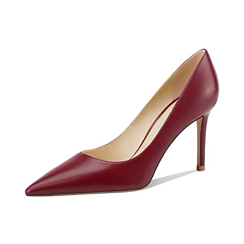 Saekcted Damen Stiletto Hoher High Absatz Heel Geschlossene Spitze Zehenkappe Slip-on Pumps Büroschuhe Clear Cute Klassisch Schuhe 8.5 cm Heels Burgund Rot 39 EU von Saekcted