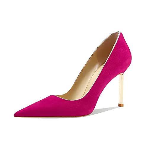 Saekcted Damen Stiletto Hoher High Absatz Heel Geschlossene Spitze Zehenkappe Slip-on Pumps Hochzeit Party Clear Cute Klassisch Schuhe 8.5 cm Heels Magenta Rot 38 EU von Saekcted