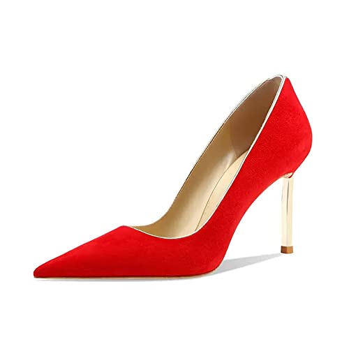 Saekcted Damen Stiletto Hoher High Absatz Heel Geschlossene Spitze Zehenkappe Slip-on Pumps Hochzeit Party Clear Cute Klassisch Schuhe 8.5 cm Heels Rot 38 EU von Saekcted