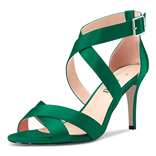 Saekcted Damen Stiletto Hoher High Absatz Heel Kreuzriemen Sandalen Peep Open Zehenkappe Knöchelriemen Hochzeit Party Clear 8 CM Heels Dunkelgrün Satin 44 EU von Saekcted