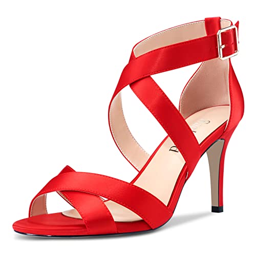 Saekcted Damen Stiletto Hoher High Absatz Heel Kreuzriemen Sandalen Peep Open Zehenkappe Knöchelriemen Hochzeit Party Clear 8 CM Heels Rot Satin 43 EU von Saekcted