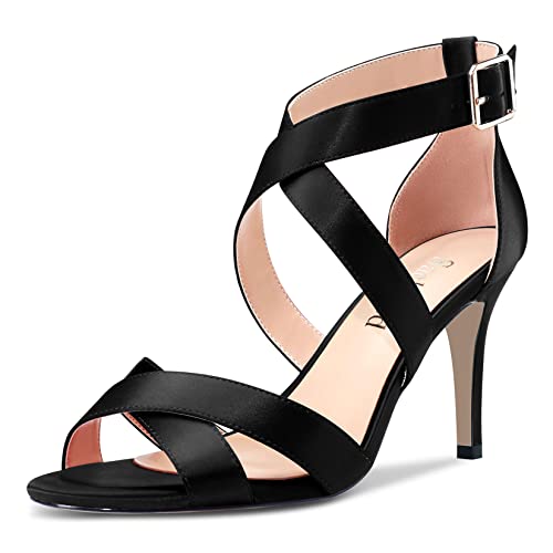 Saekcted Damen Stiletto Hoher High Absatz Heel Kreuzriemen Sandalen Peep Open Zehenkappe Knöchelriemen Hochzeit Party Clear 8 CM Heels Schwarz Satin 42 EU von Saekcted