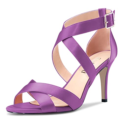 Saekcted Damen Stiletto Hoher High Absatz Heel Kreuzriemen Sandalen Peep Open Zehenkappe Knöchelriemen Hochzeit Party Clear 8 CM Heels Violett 44 EU von Saekcted