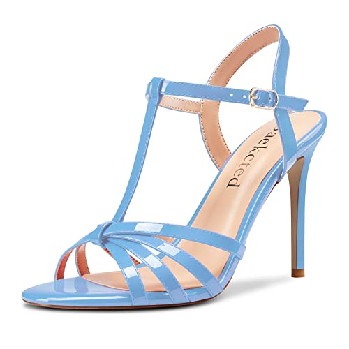 Saekcted Damen Stiletto Hoher High Absatz Heel Peep Open Zehenkappe Knöchelriemen Slingback Sandalen Hochzeit Dress Schuhe 10 CM Heels Hellblau 39 EU von Saekcted