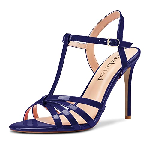 Saekcted Damen Stiletto Hoher High Absatz Heel Peep Open Zehenkappe Knöchelriemen Slingback Sandalen Hochzeit Dress Schuhe 10 CM Heels Navy Blau 35 EU von Saekcted