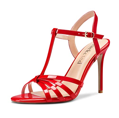 Saekcted Damen Stiletto Hoher High Absatz Heel Peep Open Zehenkappe Knöchelriemen Slingback Sandalen Hochzeit Dress Schuhe 10 CM Heels Rot 37 EU von Saekcted