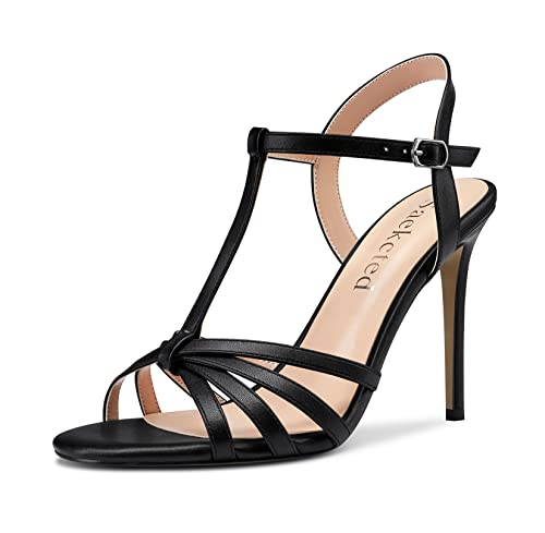 Saekcted Damen Stiletto Hoher High Absatz Heel Peep Open Zehenkappe Knöchelriemen Slingback Sandalen Hochzeit Dress Schuhe 10 CM Heels Schwarz Matt 38 EU von Saekcted