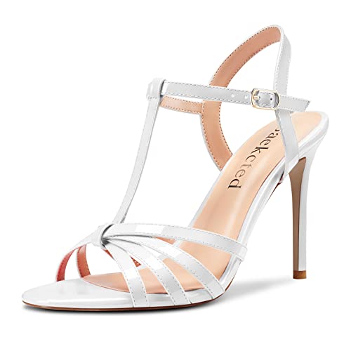 Saekcted Damen Stiletto Hoher High Absatz Heel Peep Open Zehenkappe Knöchelriemen Slingback Sandalen Hochzeit Dress Schuhe 10 CM Heels Weiß 37 EU von Saekcted