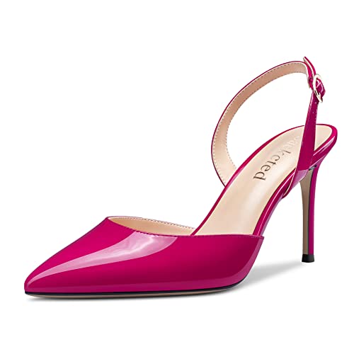 Saekcted Damen Stiletto Hoher High Absatz Heel Slingback Knöchelriemen Pumps Slip-on Clear Dress Hochzeit Sandalen Spitze Zehenkappe 8 CM Heels Magenta Rot 44 EU von Saekcted