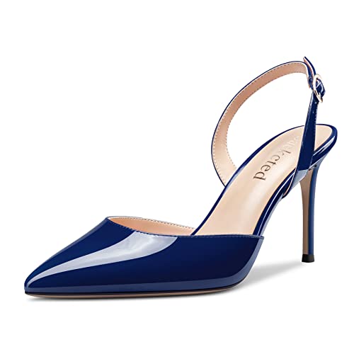 Saekcted Damen Stiletto Hoher High Absatz Heel Slingback Knöchelriemen Pumps Slip-on Clear Dress Hochzeit Sandalen Spitze Zehenkappe 8 CM Heels Navy Blau 40 EU von Saekcted