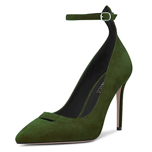 Saekcted Damen Stiletto Hoher High Absatz Heel Spitze Zehenkappe Pumps Knöchelriemen Hochzeit Dress Cute 10 cm Heels Dunkelgrün Wildleder A 36 EU von Saekcted