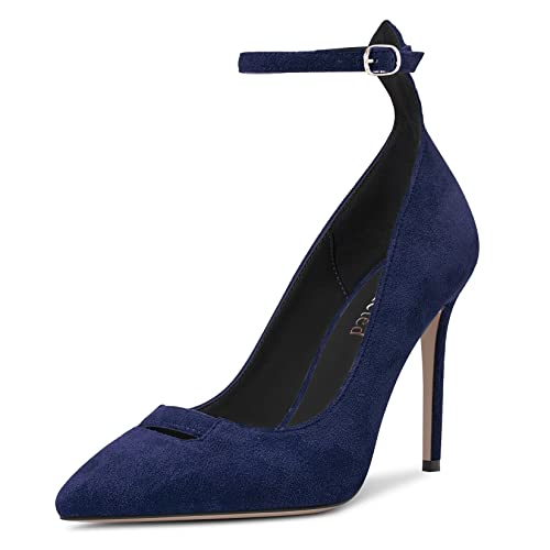 Saekcted Damen Stiletto Hoher High Absatz Heel Spitze Zehenkappe Pumps Knöchelriemen Hochzeit Dress Cute 10 cm Heels Navy Blau Wildleder 35 EU von Saekcted