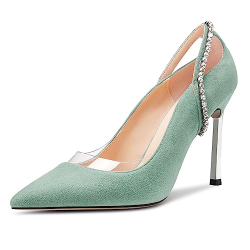 Saekcted Damen Stiletto Hoher High Absatz Heel Spitze Zehenkappe Pumps Slip-on Diamant Kristall Party Glitzer Clear Sommer 10 cm Heels Hellgrün 36 EU von Saekcted