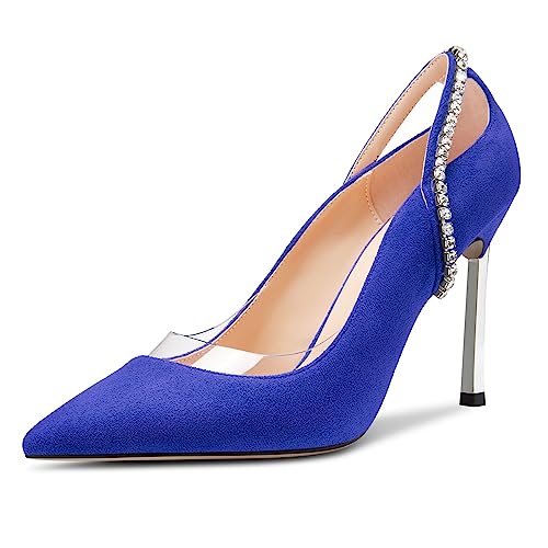 Saekcted Damen Stiletto Hoher High Absatz Heel Spitze Zehenkappe Pumps Slip-on Diamant Kristall Party Glitzer Clear Sommer 10 cm Heels Königsblau 36 EU von Saekcted