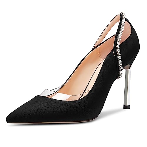 Saekcted Damen Stiletto Hoher High Absatz Heel Spitze Zehenkappe Pumps Slip-on Diamant Kristall Party Glitzer Clear Sommer 10 cm Heels Schwarz 40 EU von Saekcted