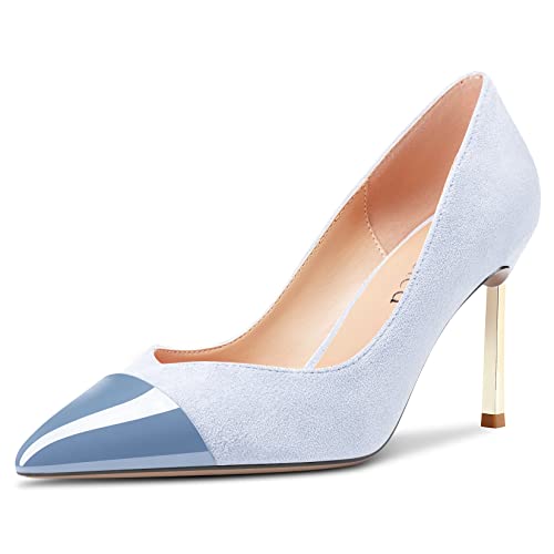 Saekcted Damen Stiletto Hoher High Absatz Heel Spitze Zehenkappe Pumps Slip-on Hochzeit Party Cute 8.5 cm Heels Hellblau 37 EU von Saekcted