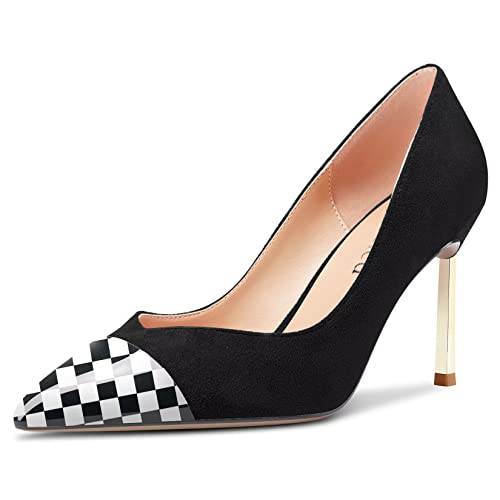 Saekcted Damen Stiletto Hoher High Absatz Heel Spitze Zehenkappe Pumps Slip-on Hochzeit Party Cute 8.5 cm Heels Schwarz Mehrfarbig 38 EU von Saekcted