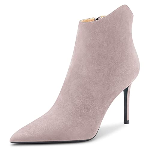Saekcted Damen Stiletto Hoher High Absatz Heel Spitze Zehenkappe Stiefeletten Klassisch Slip-on Büroschuhe Party Stiefel 10 CM Heels Beige Wildleder 39 EU von Saekcted