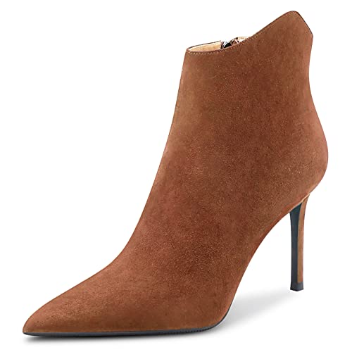 Saekcted Damen Stiletto Hoher High Absatz Heel Spitze Zehenkappe Stiefeletten Klassisch Slip-on Büroschuhe Party Stiefel 10 CM Heels Braun Wildleder 40 EU von Saekcted