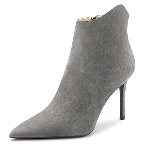 Saekcted Damen Stiletto Hoher High Absatz Heel Spitze Zehenkappe Stiefeletten Klassisch Slip-on Büroschuhe Party Stiefel 10 CM Heels Grau Wildleder 38 EU von Saekcted