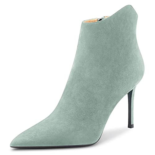 Saekcted Damen Stiletto Hoher High Absatz Heel Spitze Zehenkappe Stiefeletten Klassisch Slip-on Büroschuhe Party Stiefel 10 CM Heels Hellgrün Wildleder 41 EU von Saekcted