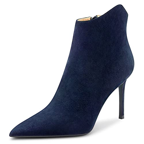 Saekcted Damen Stiletto Hoher High Absatz Heel Spitze Zehenkappe Stiefeletten Klassisch Slip-on Büroschuhe Party Stiefel 10 CM Heels Navy Blau Wildleder 37 EU von Saekcted