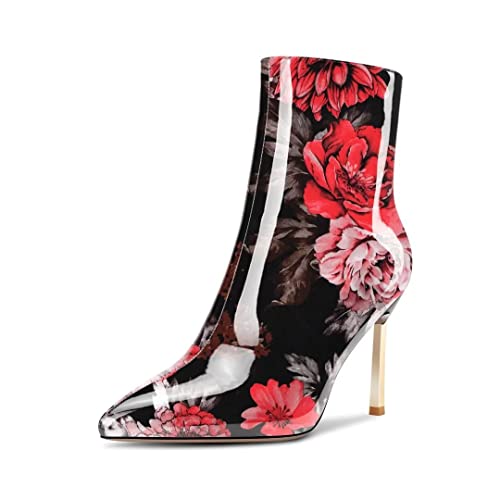 Saekcted Damen Stiletto Hoher High Absatz Heel Spitze Zehenkappe Stiefeletten Slip-on Reißverschluss Party Dress 8.5 CM Heels Rot Mehrfarbig 43 EU von Saekcted