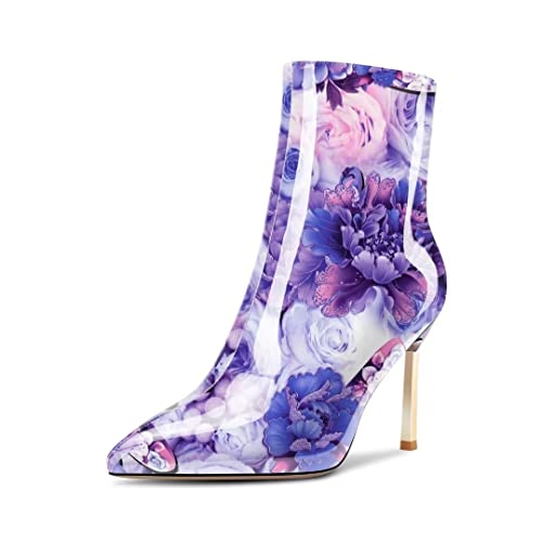 Saekcted Damen Stiletto Hoher High Absatz Heel Spitze Zehenkappe Stiefeletten Slip-on Reißverschluss Party Dress 8.5 CM Heels Violett Mehrfarbig 38 EU von Saekcted