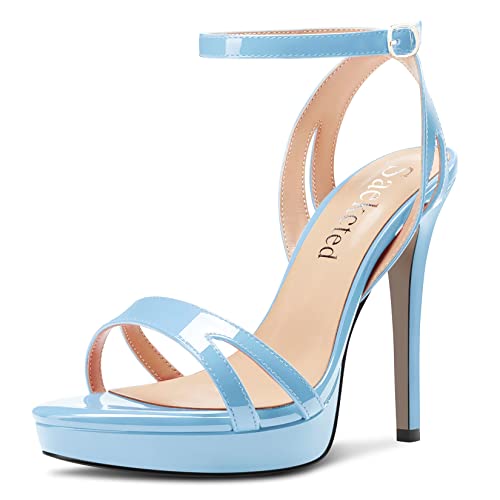 Saekcted Damen Stiletto Hoher High Plateau Plattform Absatz Heel Peep Open Zehenkappe Sandalen Knöchelriemen Schnalle Lässig Cute Schuhe Hellblau 36 EU von Saekcted