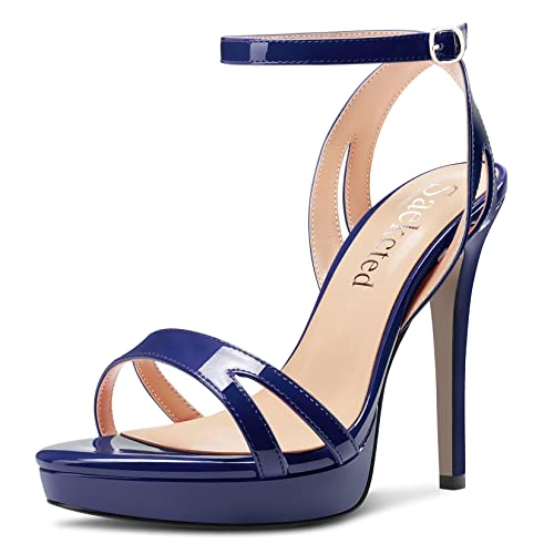 Saekcted Damen Stiletto Hoher High Plateau Plattform Absatz Heel Peep Open Zehenkappe Sandalen Knöchelriemen Schnalle Lässig Cute Schuhe Navy Blau 35 EU von Saekcted