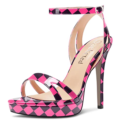 Saekcted Damen Stiletto Hoher High Plateau Plattform Absatz Heel Peep Open Zehenkappe Sandalen Knöchelriemen Schnalle Lässig Cute Schuhe Rosa Mehrfarbig 41 EU von Saekcted