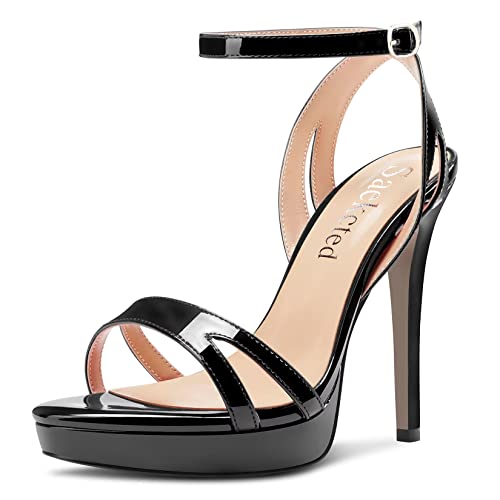 Saekcted Damen Stiletto Hoher High Plateau Plattform Absatz Heel Peep Open Zehenkappe Sandalen Knöchelriemen Schnalle Lässig Cute Schuhe Schwarz 35 EU von Saekcted