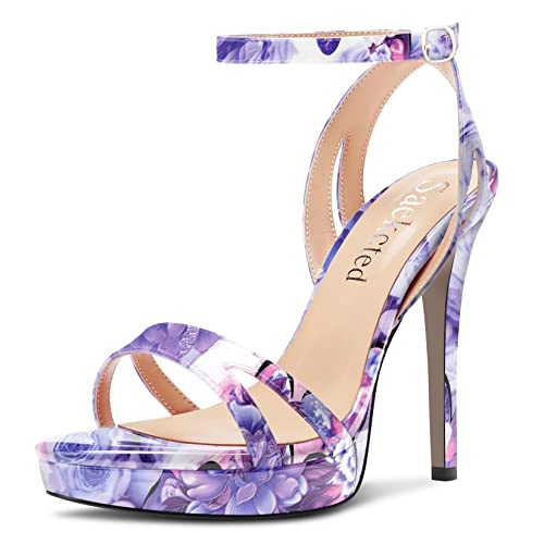 Saekcted Damen Stiletto Hoher High Plateau Plattform Absatz Heel Peep Open Zehenkappe Sandalen Knöchelriemen Schnalle Lässig Cute Schuhe Violett Mehrfarbig 39 EU von Saekcted