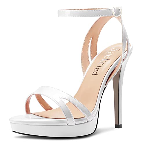 Saekcted Damen Stiletto Hoher High Plateau Plattform Absatz Heel Peep Open Zehenkappe Sandalen Knöchelriemen Schnalle Lässig Cute Schuhe Weiß 40 EU von Saekcted