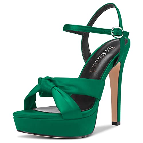 Saekcted Damen Stiletto Hoher High Plateau Plattform Absatz Heel Peep Open Zehenkappe Sandalen Knöchelriemen Slingback 13 CM Heels Hochzeit Party Dunkelgrün Satin 38 EU von Saekcted
