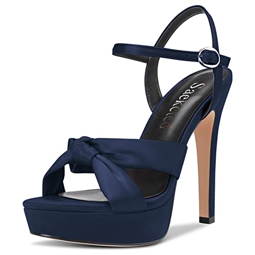 Saekcted Damen Stiletto Hoher High Plateau Plattform Absatz Heel Peep Open Zehenkappe Sandalen Knöchelriemen Slingback 13 CM Heels Hochzeit Party Navy Blau 39 EU von Saekcted