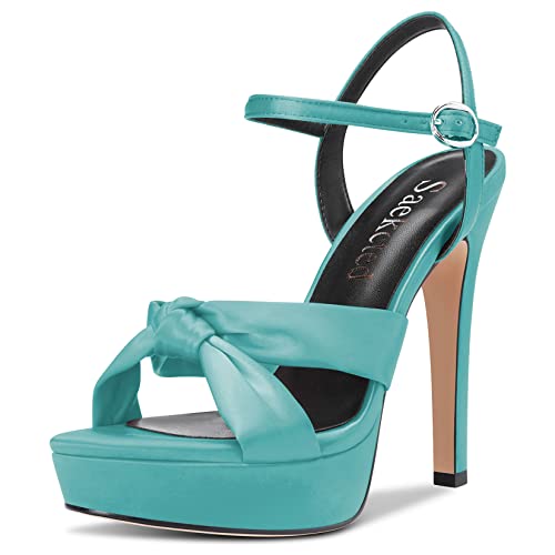 Saekcted Damen Stiletto Hoher High Plateau Plattform Absatz Heel Peep Open Zehenkappe Sandalen Knöchelriemen Slingback 13 CM Heels Hochzeit Party Türkis Grün Satin 45 EU von Saekcted