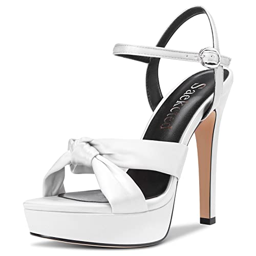 Saekcted Damen Stiletto Hoher High Plateau Plattform Absatz Heel Peep Open Zehenkappe Sandalen Knöchelriemen Slingback 13 CM Heels Hochzeit Party Weiß Satin 37 EU von Saekcted