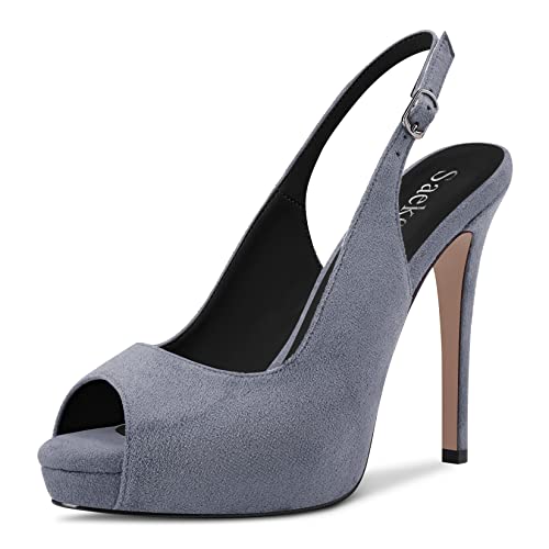 Saekcted Damen Stiletto Hoher High Plateau Plattform Absatz Heel Peep Open Zehenkappe Sandalen Slingback Lässig Dress 12 CM Heels Grau 36 EU von Saekcted