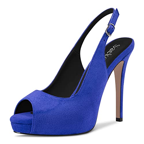 Saekcted Damen Stiletto Hoher High Plateau Plattform Absatz Heel Peep Open Zehenkappe Sandalen Slingback Lässig Dress 12 CM Heels Königsblau 41 EU von Saekcted