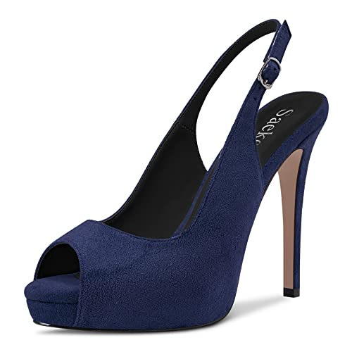 Saekcted Damen Stiletto Hoher High Plateau Plattform Absatz Heel Peep Open Zehenkappe Sandalen Slingback Lässig Dress 12 CM Heels Marineblau 37 EU von Saekcted