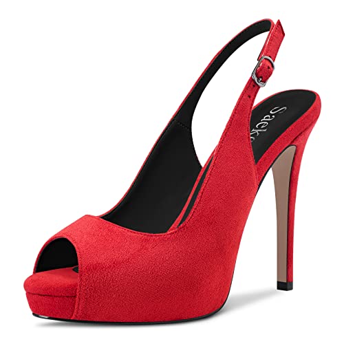 Saekcted Damen Stiletto Hoher High Plateau Plattform Absatz Heel Peep Open Zehenkappe Sandalen Slingback Lässig Dress 12 CM Heels Rot 37 EU von Saekcted