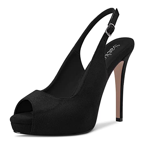 Saekcted Damen Stiletto Hoher High Plateau Plattform Absatz Heel Peep Open Zehenkappe Sandalen Slingback Lässig Dress 12 CM Heels Schwarz 42 EU von Saekcted