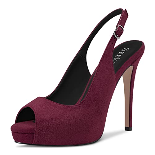 Saekcted Damen Stiletto Hoher High Plateau Plattform Absatz Heel Peep Open Zehenkappe Sandalen Slingback Lässig Dress 12 CM Heels Weinrot 40 EU von Saekcted