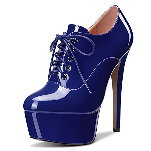 Saekcted Damen Stiletto Hoher High Plateau Plattform Absatz Heel Runde Zehenkappe Pumps Schnüren Schnürung Reißverschluss Sexy Schuhe Blau C 45 EU von Saekcted